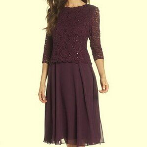 Alex Evenings Plum Sparkle Mock Two-Piece Cocktail Dress